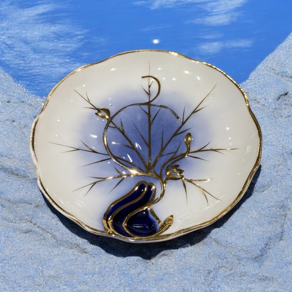 Beautiful German made saucer. White with gold trim and Cobalt. EVC - Picture 1 of 5